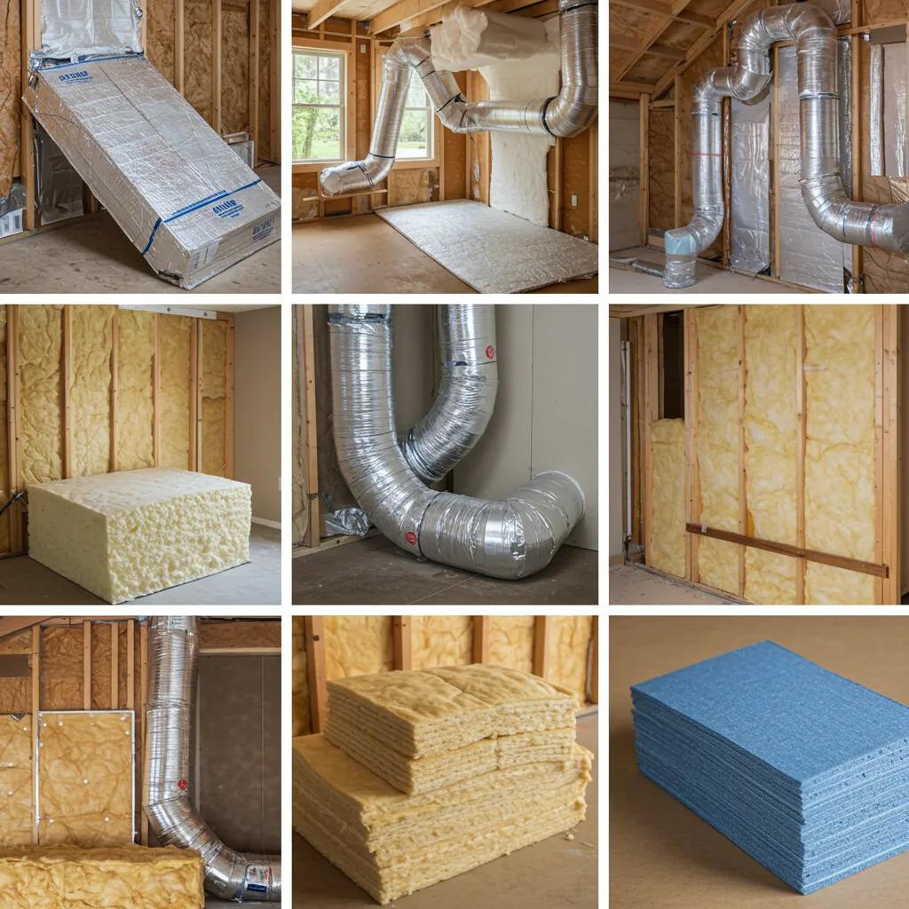 Collage showcasing various home insulation types: spray foam, cellulose, fiberglass batt, and radiant barriers