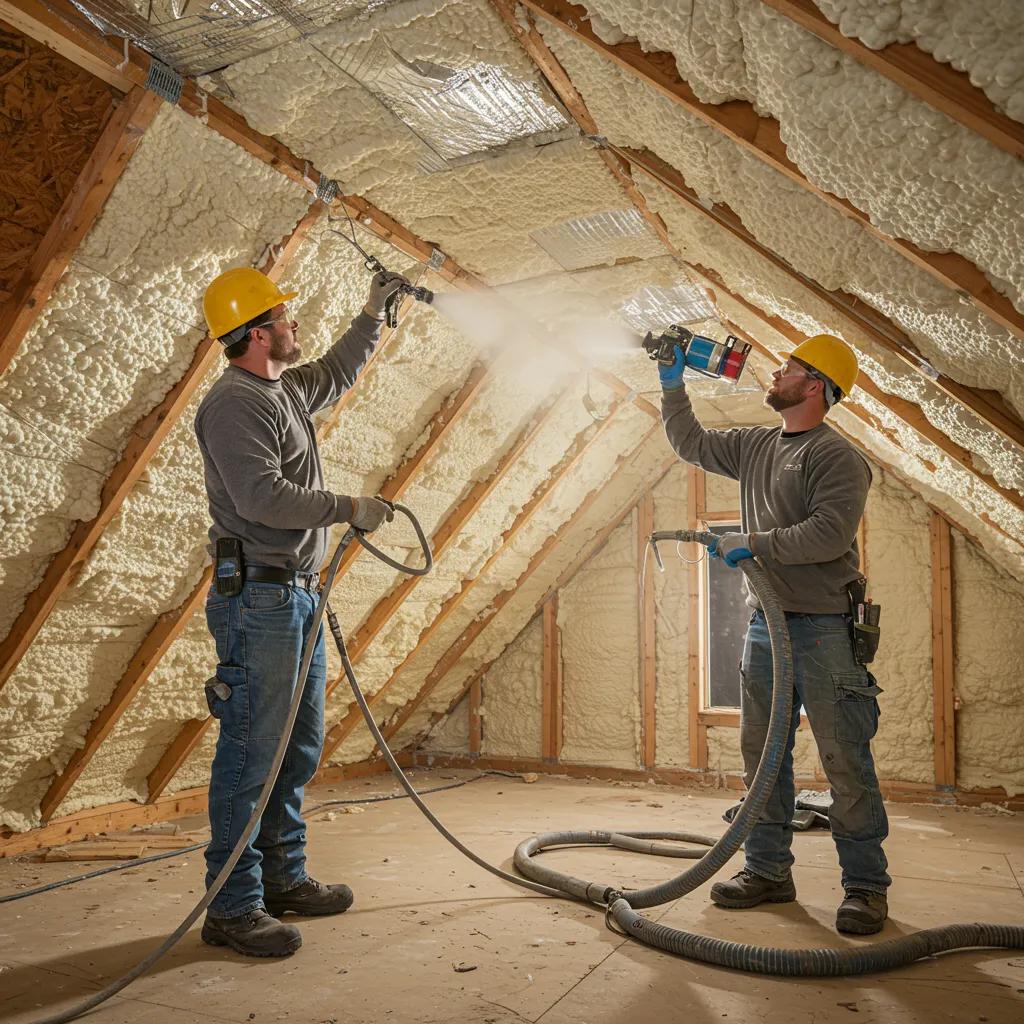 Technicians applying spray foam insulation in a Los Angeles home attic